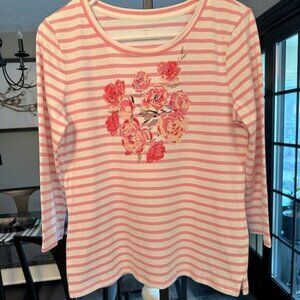 Talbots Women's Floral Stripe Crew Neck 3/4 Sleeve Top Pink White Petite Size SP